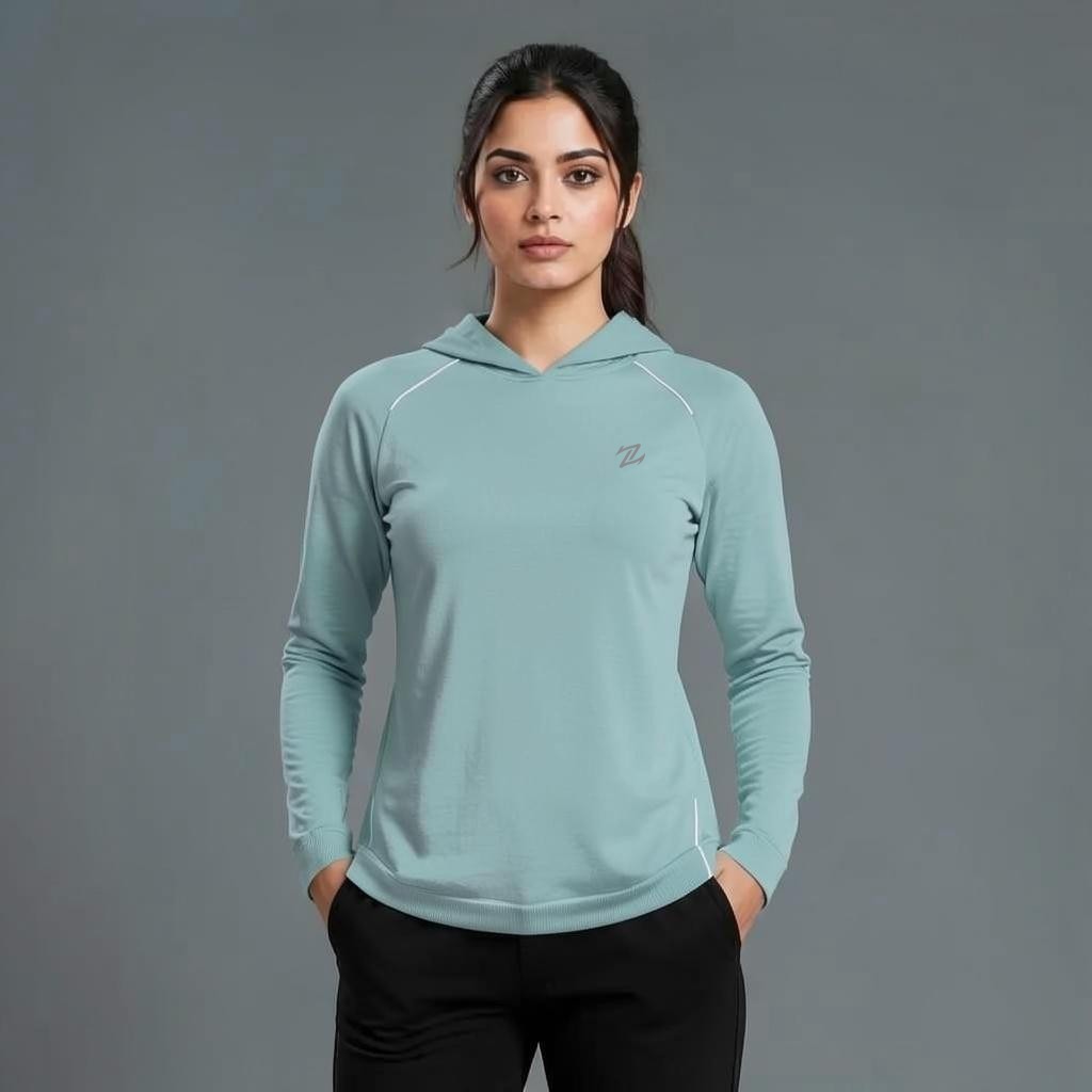 Women's full sleeves hooded shirt with reflective strips by ZAKWEAR, featuring a hood, long sleeves, and reflective safety accents.