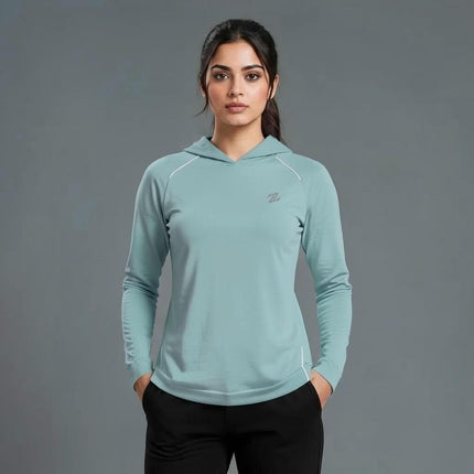 Women's full sleeves hooded shirt with reflective strips by ZAKWEAR, featuring a hood, long sleeves, and reflective safety accents.