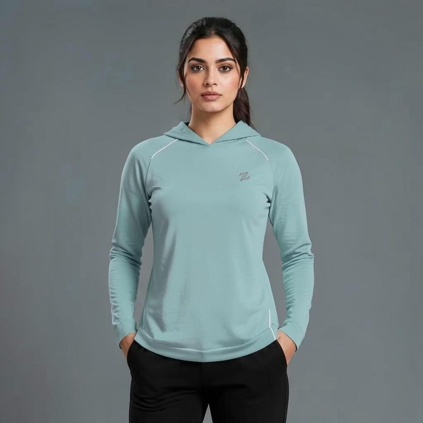 Women's full sleeves hooded shirt with reflective strips by ZAKWEAR, featuring a hood, long sleeves, and reflective safety accents.