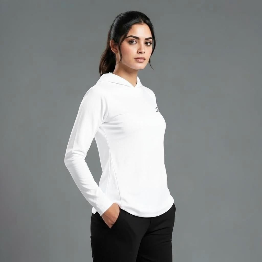 Women's full-sleeve hooded shirt with reflective strips by ZAKWEAR, shown in black with front zipper and contrasting details.