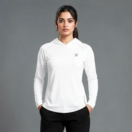 Women's full-sleeves hooded shirt with reflective strips by ZAKWEAR, showing the garment's front view and reflective detailing.
