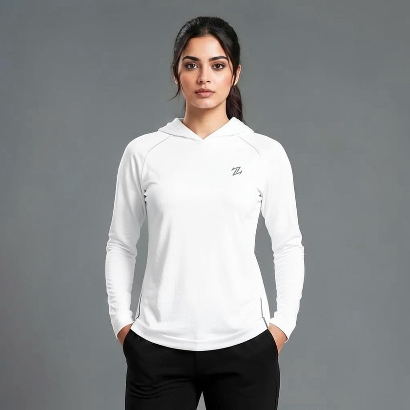 Women's full-sleeves hooded shirt with reflective strips by ZAKWEAR, showing the garment's front view and reflective detailing.