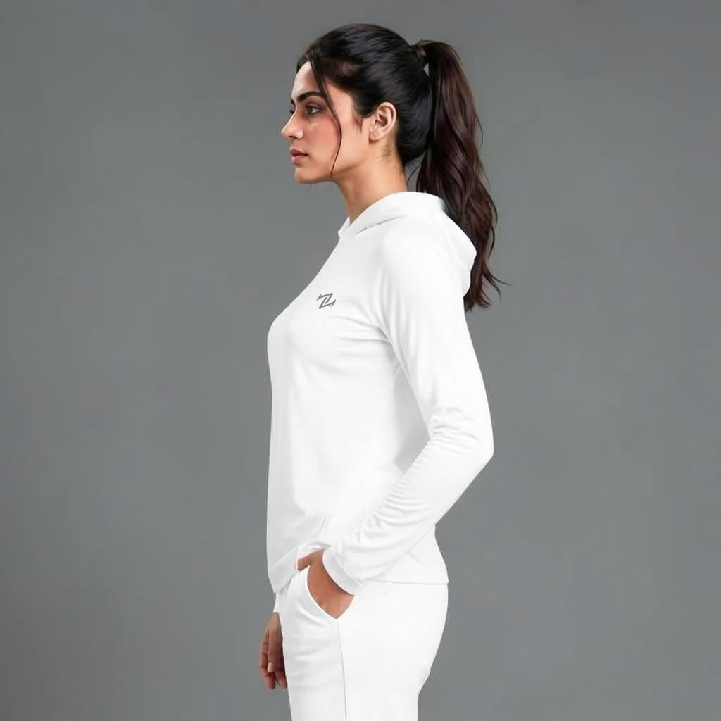 Women's full sleeve hooded shirt with reflective strips by ZAKWEAR, featuring a comfortable fit and functional safety details.