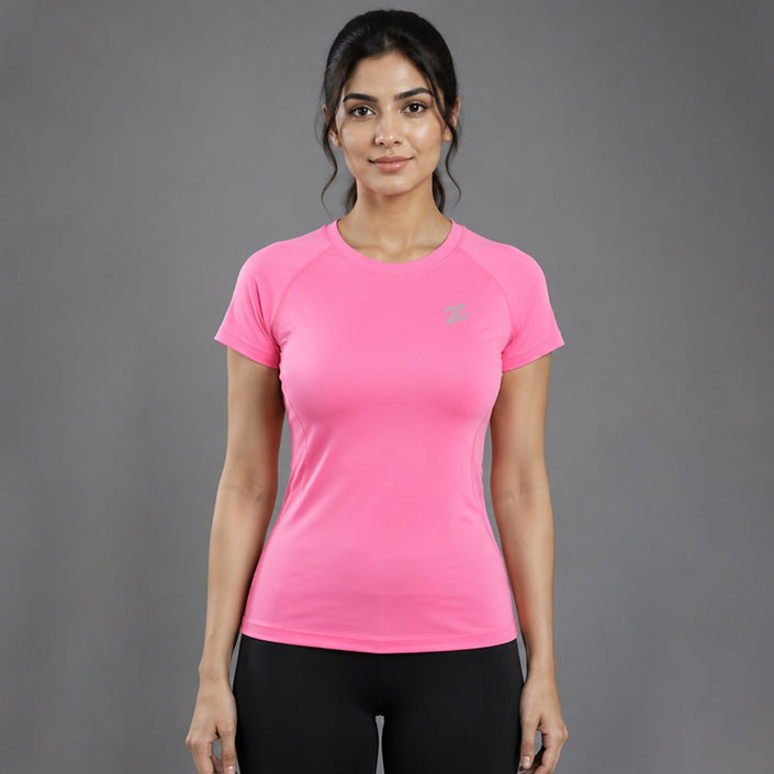 Women's basic activewear tee by ZAKWEAR, soft fabric with a relaxed fit, shown on a model, perfect for workout or casual wear.